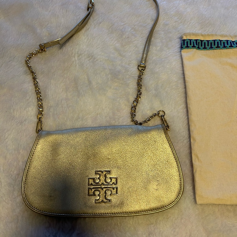 Tory burch gold saddle bag purse